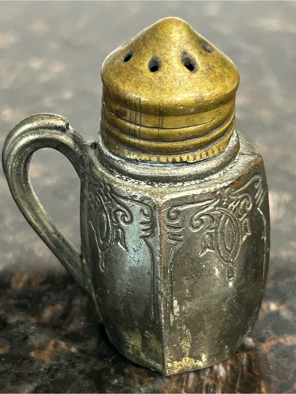Antique-Style Metal Salt Shaker with Handle - Silver and Brass Tones